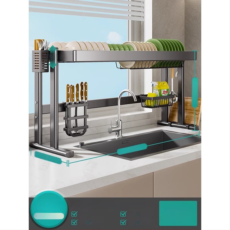 Mosogató fölötti edénytartó állvány, szénacél, többfunkciós konyhai szervező