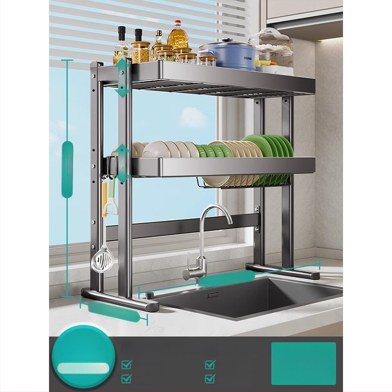 Mosogató fölötti edénytartó állvány, szénacél, többfunkciós konyhai szervező