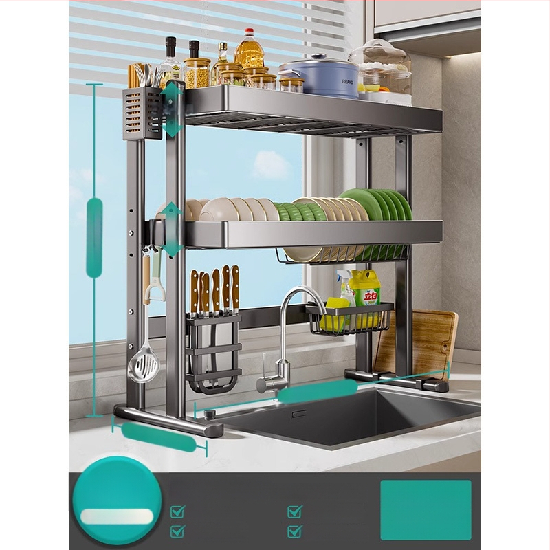 Mosogató fölötti edénytartó állvány, szénacél, többfunkciós konyhai szervező