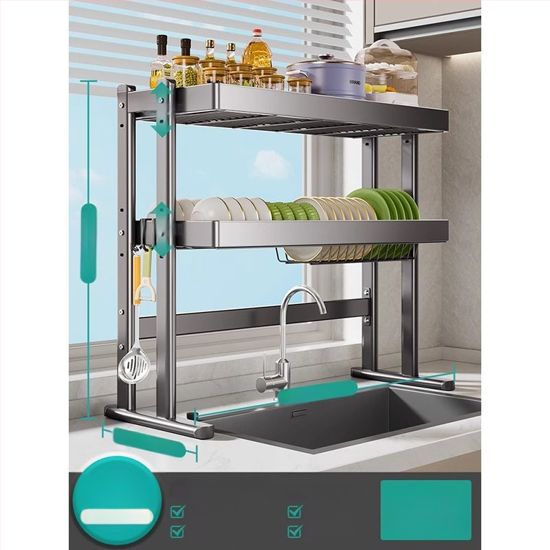 Mosogató fölötti edénytartó állvány, szénacél, többfunkciós konyhai szervező