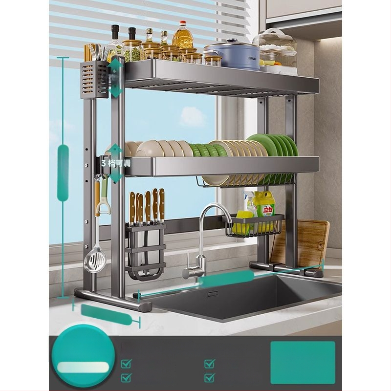 Mosogató fölötti edénytartó állvány, szénacél, többfunkciós konyhai szervező