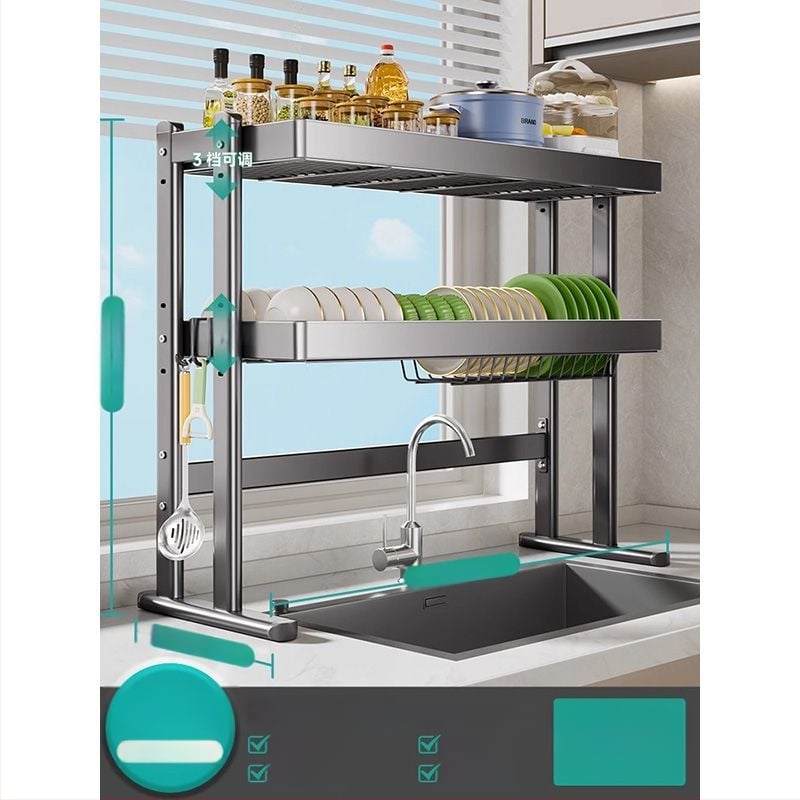 Mosogató fölötti edénytartó állvány, szénacél, többfunkciós konyhai szervező