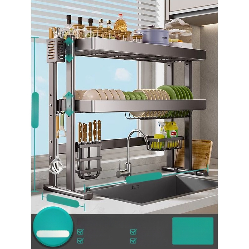 Mosogató fölötti edénytartó állvány, szénacél, többfunkciós konyhai szervező