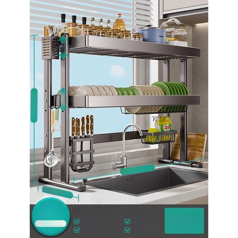 Mosogató fölötti edénytartó állvány, szénacél, többfunkciós konyhai szervező