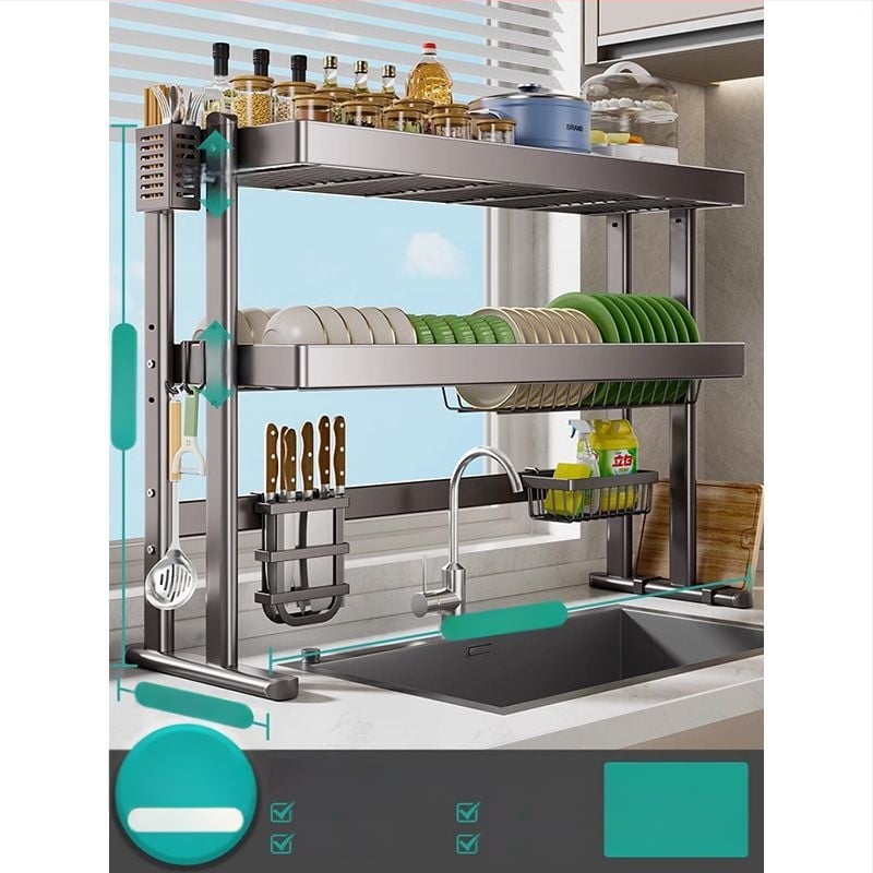 Mosogató fölötti edénytartó állvány, szénacél, többfunkciós konyhai szervező