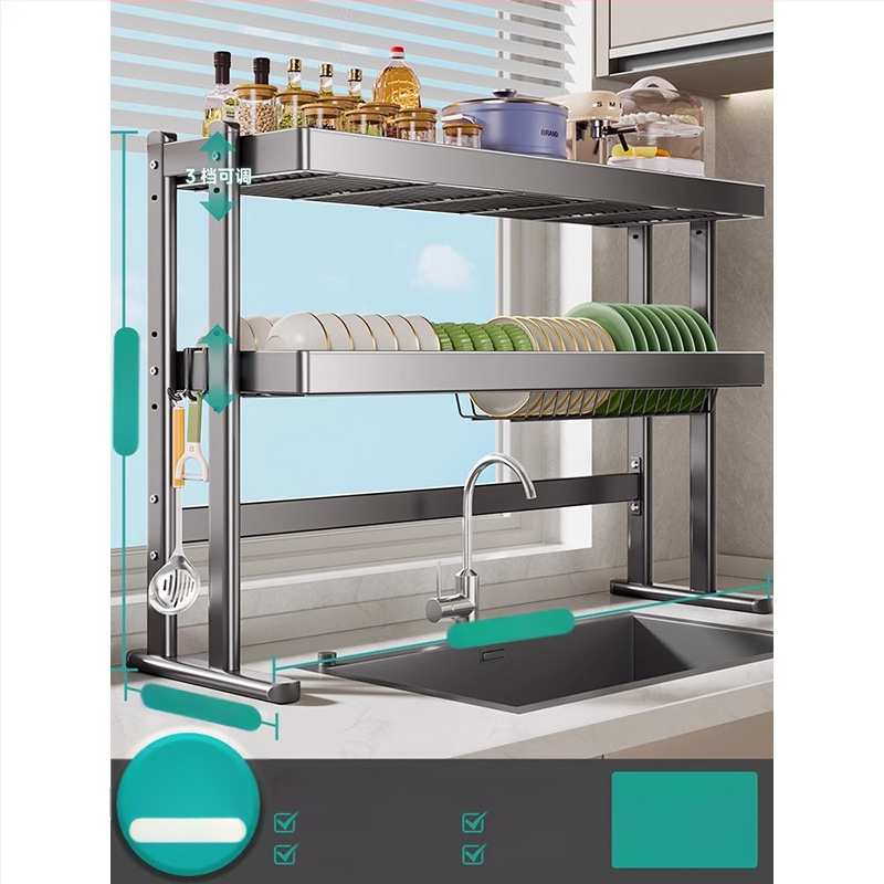 Mosogató fölötti edénytartó állvány, szénacél, többfunkciós konyhai szervező
