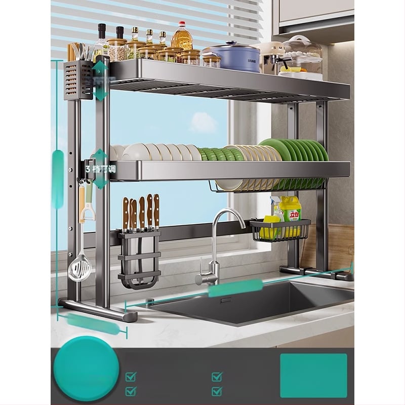Mosogató fölötti edénytartó állvány, szénacél, többfunkciós konyhai szervező