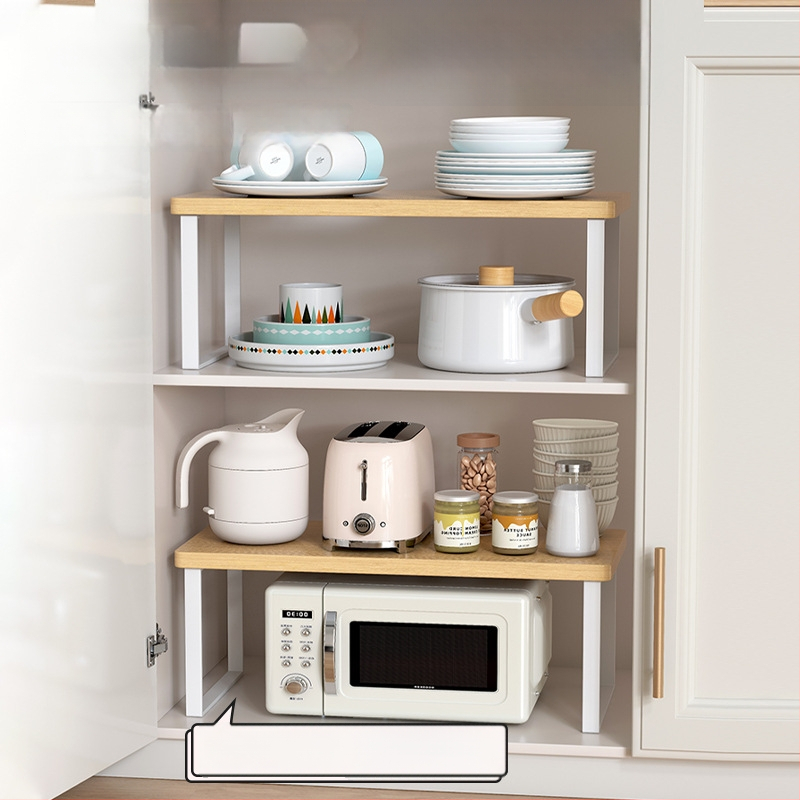 Fából készült konyhai mikrohullámú sütő polc — multifunkcionális, többszintes, a munkalapra helyezhető