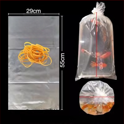 Pungă de ambalare pentru pești ornamentali vii, destinată transportului, cu bază plată pătrată la patru colțuri și plastic îngroșat