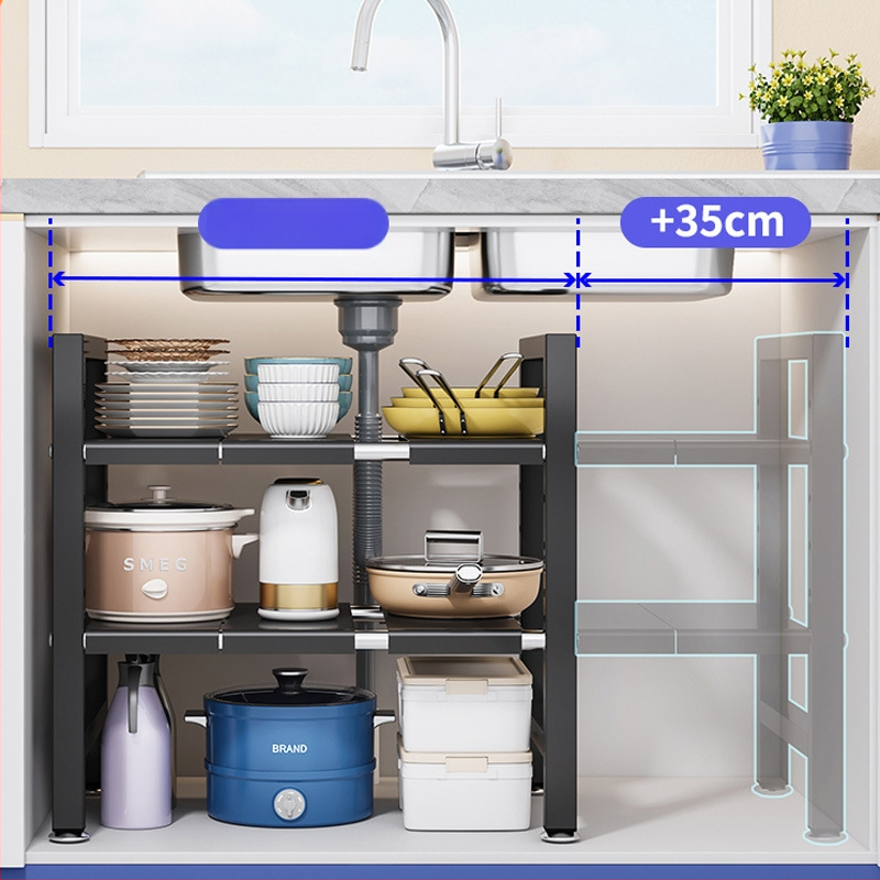 Konyhai kihúzható mosogató alatti tároló – Többfunkciós edény szervező, szekrény belső tárolás, szénacél, modern minimalista stílus