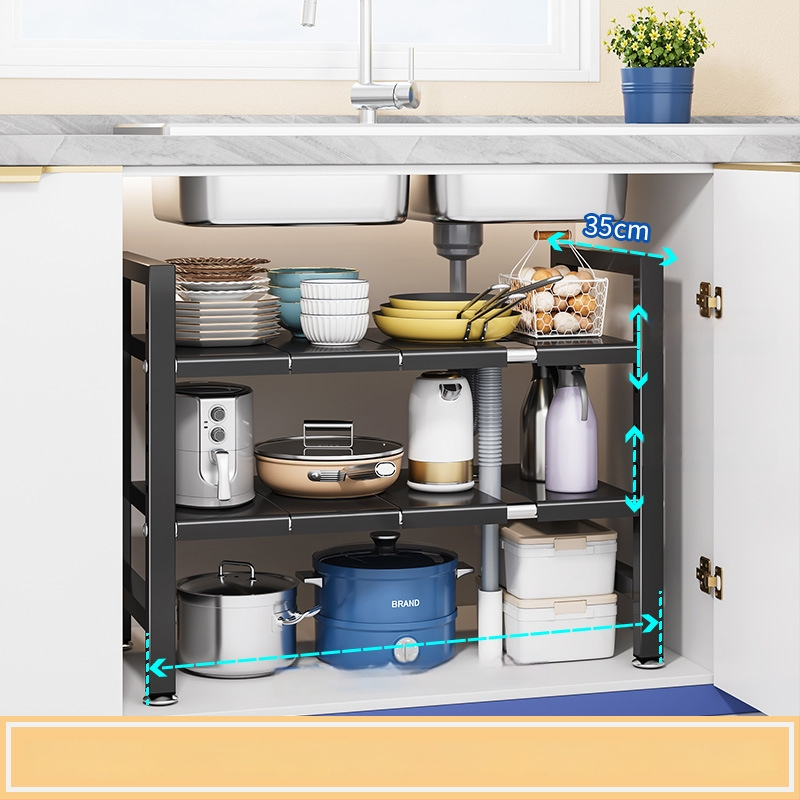 Konyhai kihúzható mosogató alatti tároló – Többfunkciós edény szervező, szekrény belső tárolás, szénacél, modern minimalista stílus