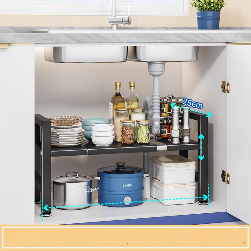 Konyhai kihúzható mosogató alatti tároló – Többfunkciós edény szervező, szekrény belső tárolás, szénacél, modern minimalista stílus