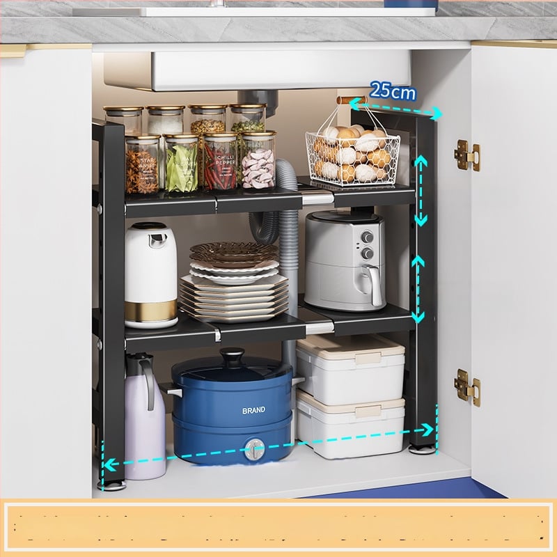Konyhai kihúzható mosogató alatti tároló – Többfunkciós edény szervező, szekrény belső tárolás, szénacél, modern minimalista stílus