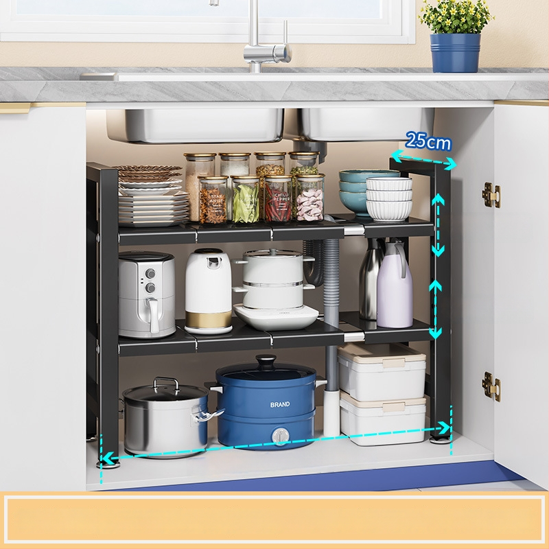 Konyhai kihúzható mosogató alatti tároló – Többfunkciós edény szervező, szekrény belső tárolás, szénacél, modern minimalista stílus