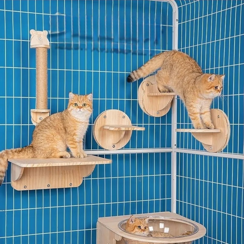 Дървен стенен катерачен комплекс за котки с капсулна платформа, пространство-спестяващ дизайн, стълб за драскане и стълба, гнездо