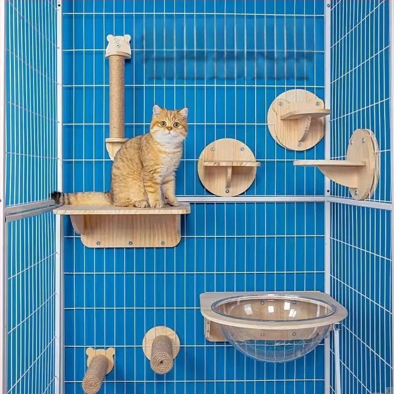 Дървен стенен катерачен комплекс за котки с капсулна платформа, пространство-спестяващ дизайн, стълб за драскане и стълба, гнездо
