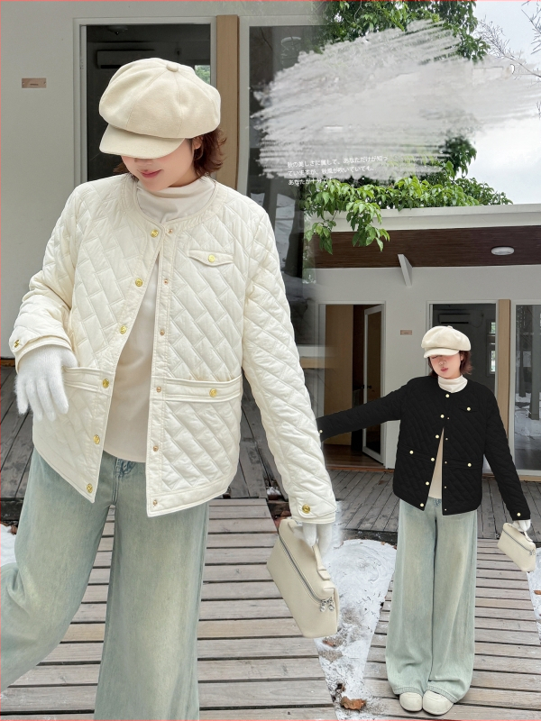 Дамско зимно квилтово памучно яке с диамантен модел, кръгло деколте, свободен силует, зима 2025