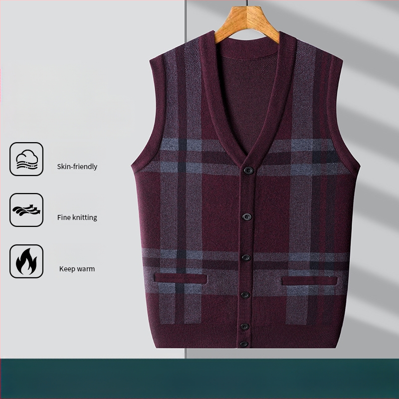 Férfi kötött kardigán-vest V-nyakkal, ujj nélkül, jacquard kötés, gyapjú 30–35%, vastag