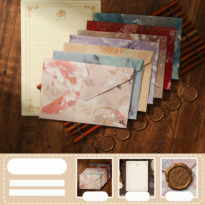 Комплект конверти от серия Цветни писма с златен релеф на специална хартия — модел Конверт сред цветя, ретро стил, подаръчен комплект