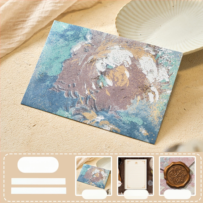 Комплект конверти от серия Цветни писма с златен релеф на специална хартия — модел Конверт сред цветя, ретро стил, подаръчен комплект