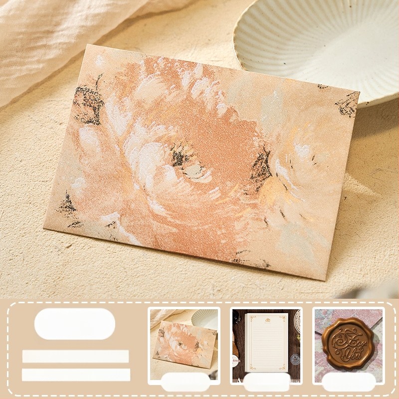 Комплект конверти от серия Цветни писма с златен релеф на специална хартия — модел Конверт сред цветя, ретро стил, подаръчен комплект