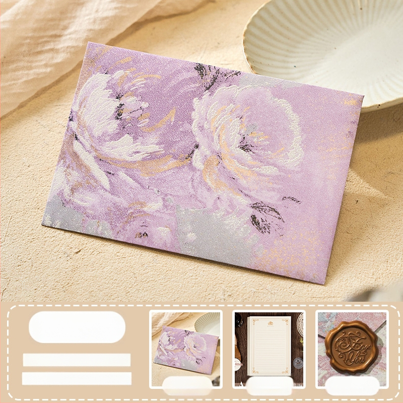 Комплект конверти от серия Цветни писма с златен релеф на специална хартия — модел Конверт сред цветя, ретро стил, подаръчен комплект