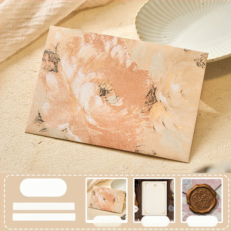 Комплект конверти от серия Цветни писма с златен релеф на специална хартия — модел Конверт сред цветя, ретро стил, подаръчен комплект