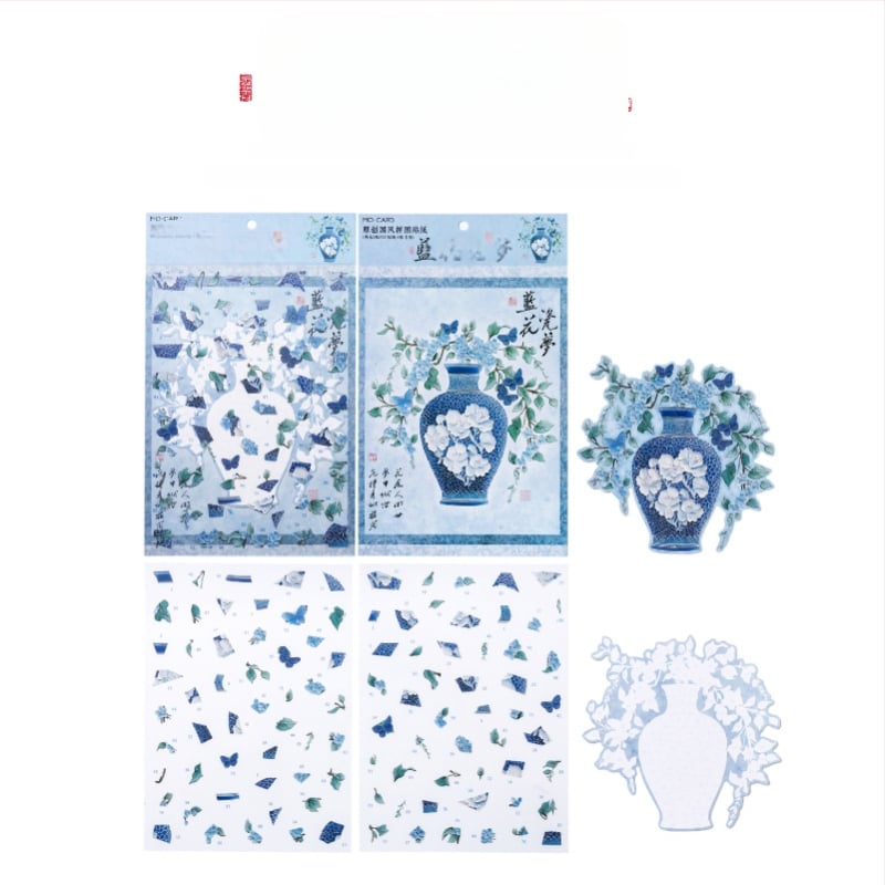 Стикери за пъзелни пейзажи в китайски национален стил — Блестящи порцеланови мечти, творчески миниатюрни сцени за детски дневник; Материал: PET + бял картон; Изработка: печат; Без персонализация; Включва: 2 стикера + 1 картон