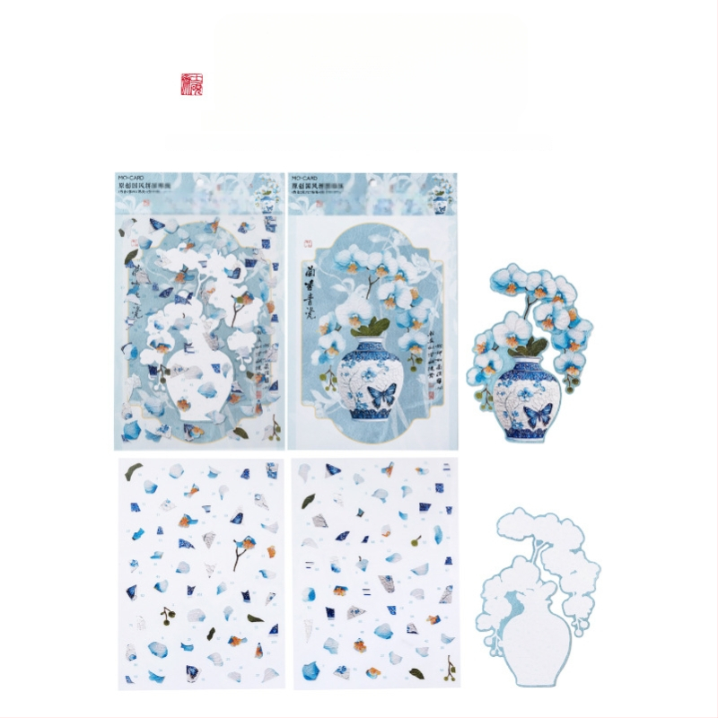 Стикери за пъзелни пейзажи в китайски национален стил — Блестящи порцеланови мечти, творчески миниатюрни сцени за детски дневник; Материал: PET + бял картон; Изработка: печат; Без персонализация; Включва: 2 стикера + 1 картон