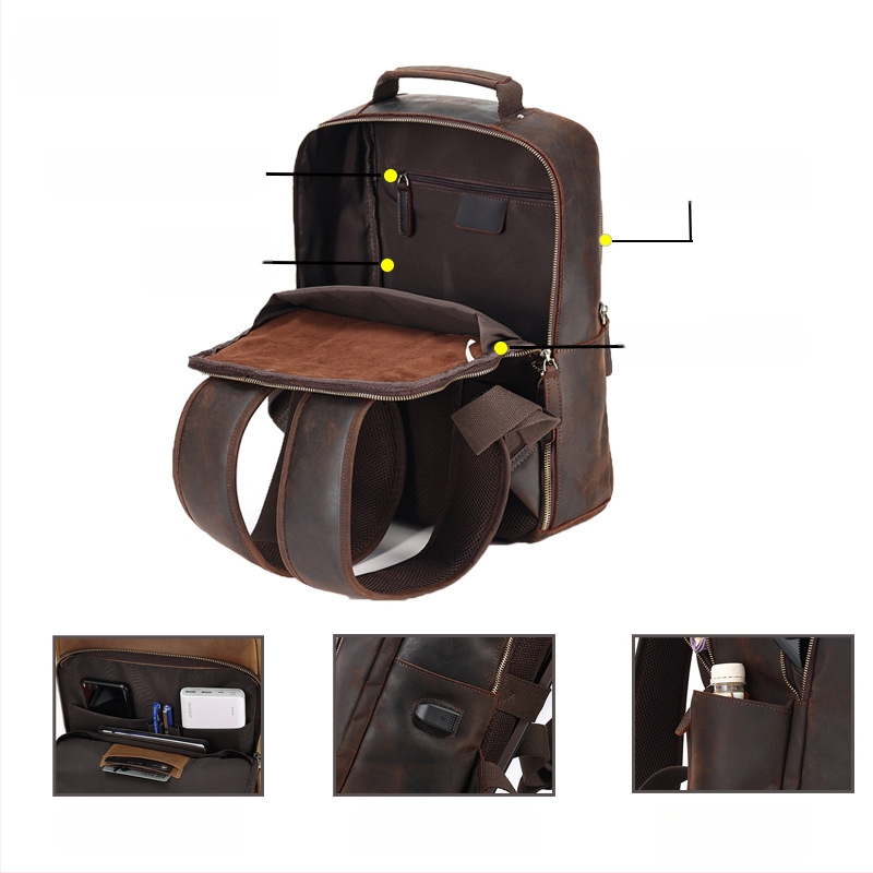 Pravá kožená taška na notebook 15,6-palcový, objem pod 20 L, USB port, odolný chrbtový panel