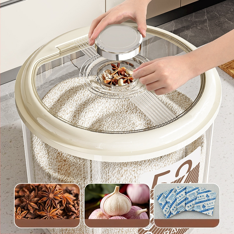 Кутия за съхранение на ориз – херметична, влагоустойчива и против насекоми, голям капацитет, кръгла пластмасова кутия PP за ориз