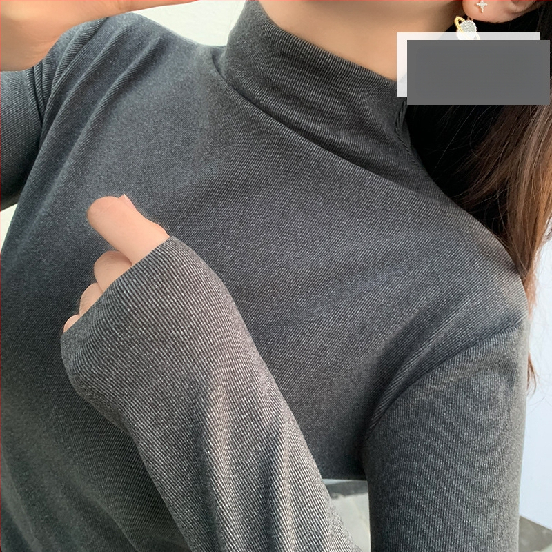Jednobojni kationični velur temeljni top, topao jesensko–zimski s polu-visokim ovratnikom, ženski stil korejski