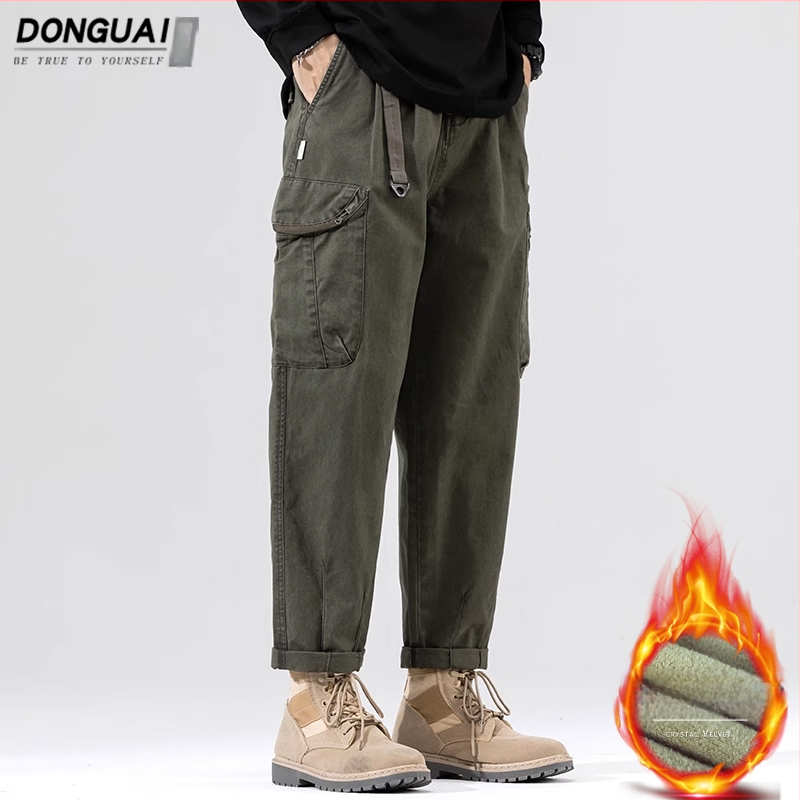 Pamučne muške casual hlače, proljetno-jesenski stil, slobodan ravni kroj, vojnozelena, duljina 9/10