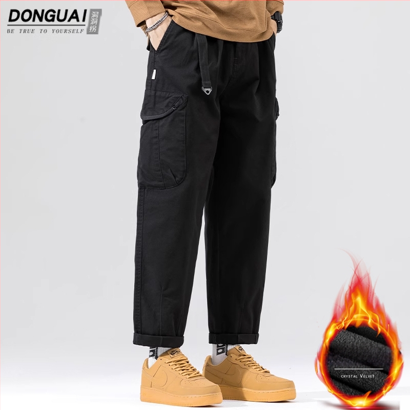 Pamučne muške casual hlače, proljetno-jesenski stil, slobodan ravni kroj, vojnozelena, duljina 9/10