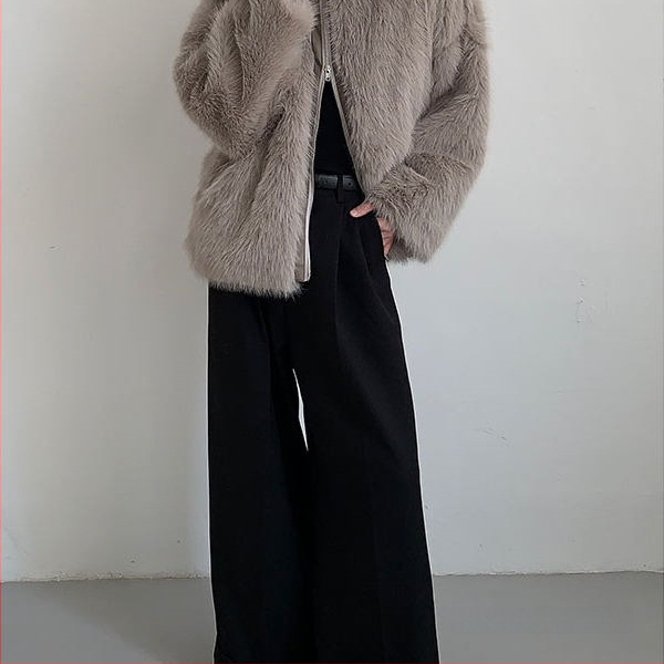 Ανδρικό παλτό από τεχνητή γούνα, στάσιμος γιακάς, φερμουάρ, χαλαρή γραμμή