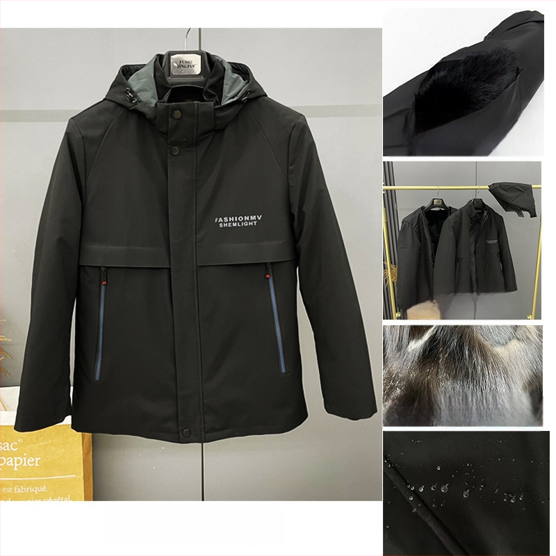 Ανδρικό γούνινο μπουφάν από γούνα αλεπούς με αποσπώμενη επένδυση, κουκούλα, φερμουάρ, στενή γραμμή