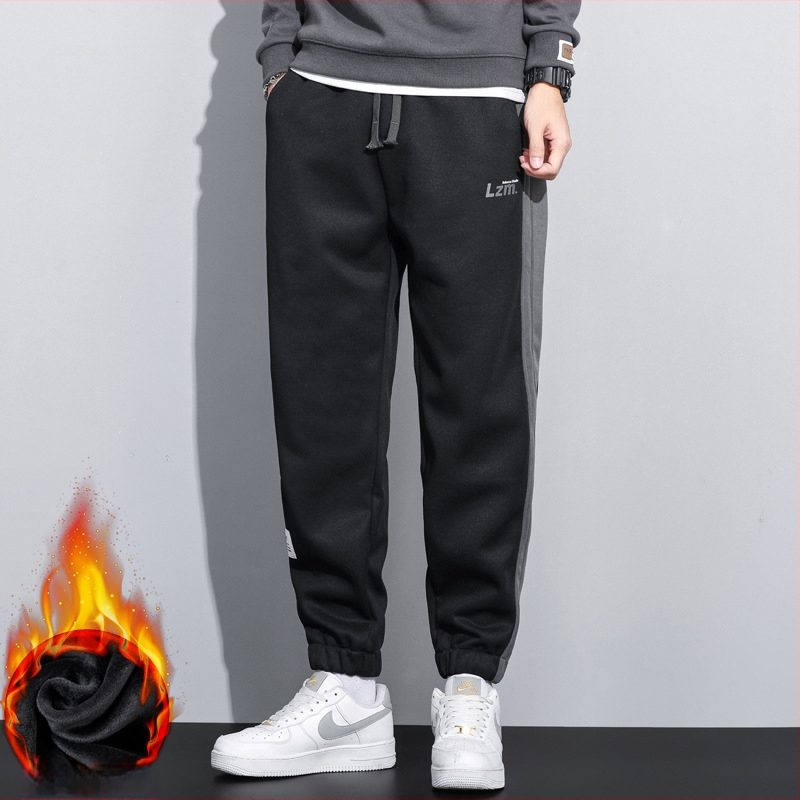 Pantaloni sport casual tricot, căptușiți cu fleece, croială liberă, poliester stretch