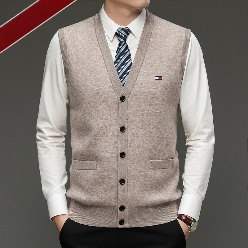 Férfi 100% gyapjú kardigán, V-nyakú, gallér nélküli, egy soros gombolás