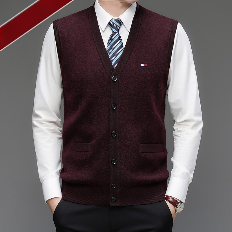 Férfi 100% gyapjú kardigán, V-nyakú, gallér nélküli, egy soros gombolás