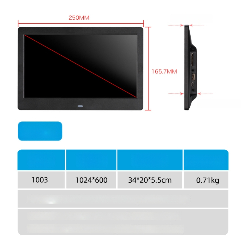 Reklám célú digitális fotókeret – 1024×600, HD LED LCD, lejátszik zenét és videót, SD/USB/TF támogatott, 16:9