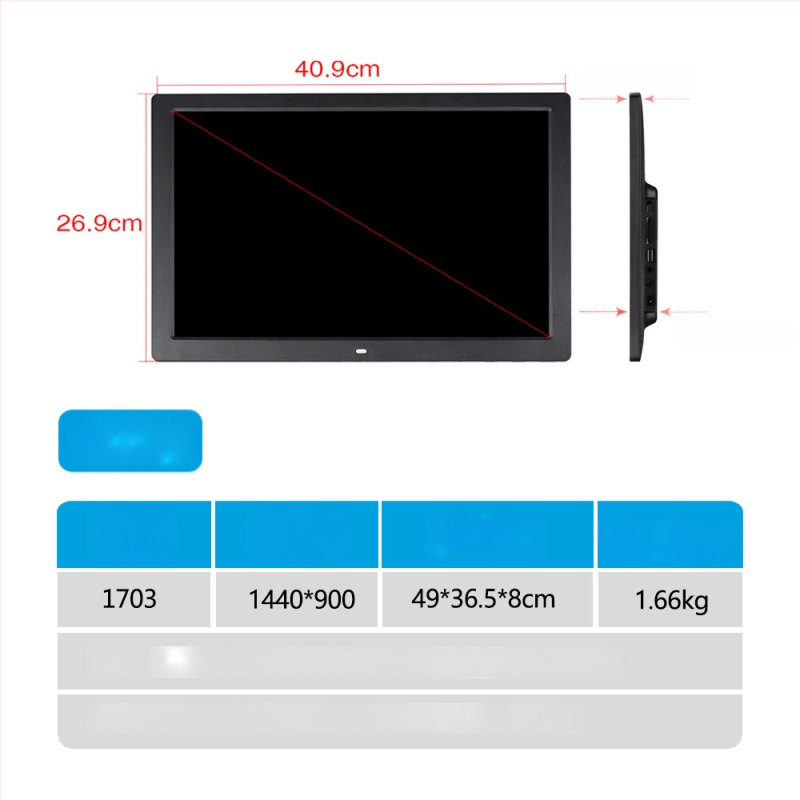 Reklám célú digitális fotókeret – 1024×600, HD LED LCD, lejátszik zenét és videót, SD/USB/TF támogatott, 16:9