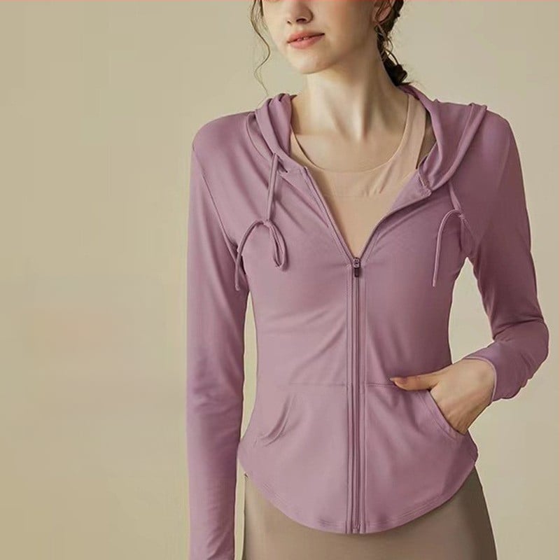 Uniszex jóga dzseki hosszú ujjú kapucnival, cipzárral, gyorsan száradó poliészter-elasztán keverék (86% poliészter, 14% elasztán), egyszínű, nyári edzésekhez