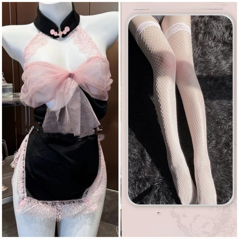 Set de pijama din dantelă pentru dormit, spate decupat cu funda, fără mâneci, mini fustă, poliester (90-95% poliester)