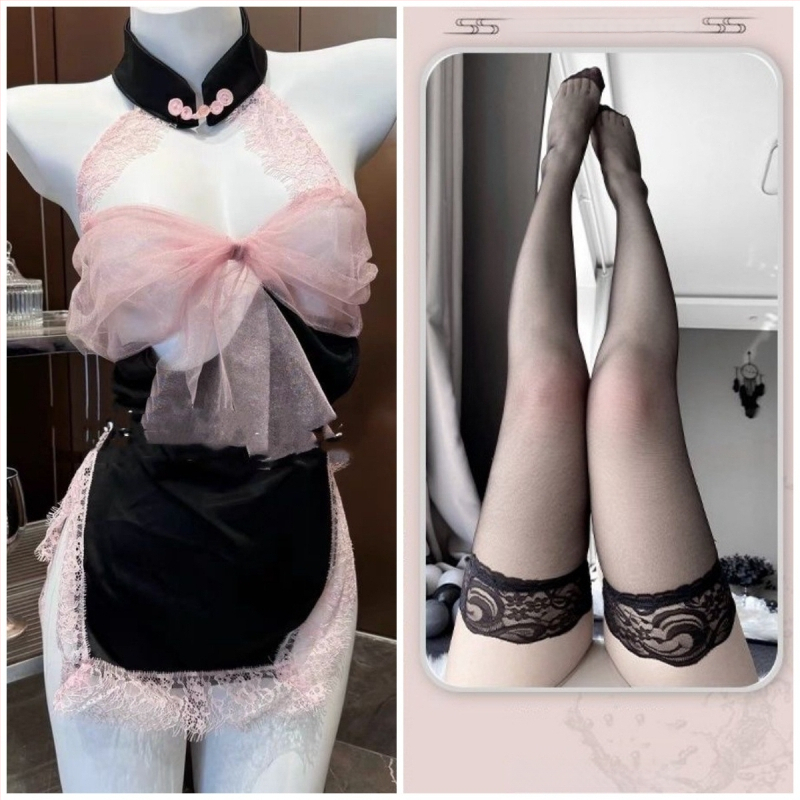 Set de pijama din dantelă pentru dormit, spate decupat cu funda, fără mâneci, mini fustă, poliester (90-95% poliester)