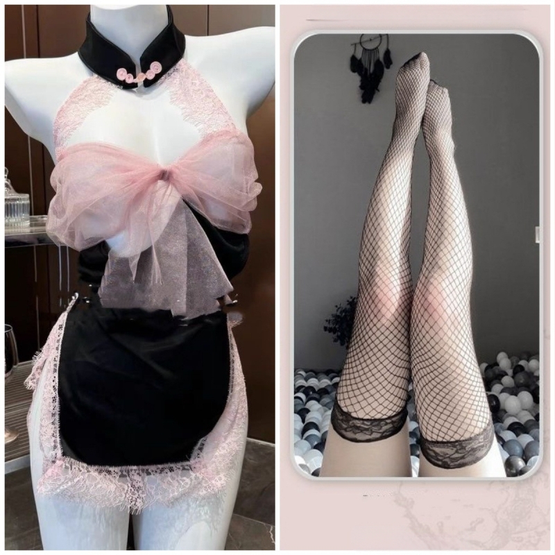 Set de pijama din dantelă pentru dormit, spate decupat cu funda, fără mâneci, mini fustă, poliester (90-95% poliester)