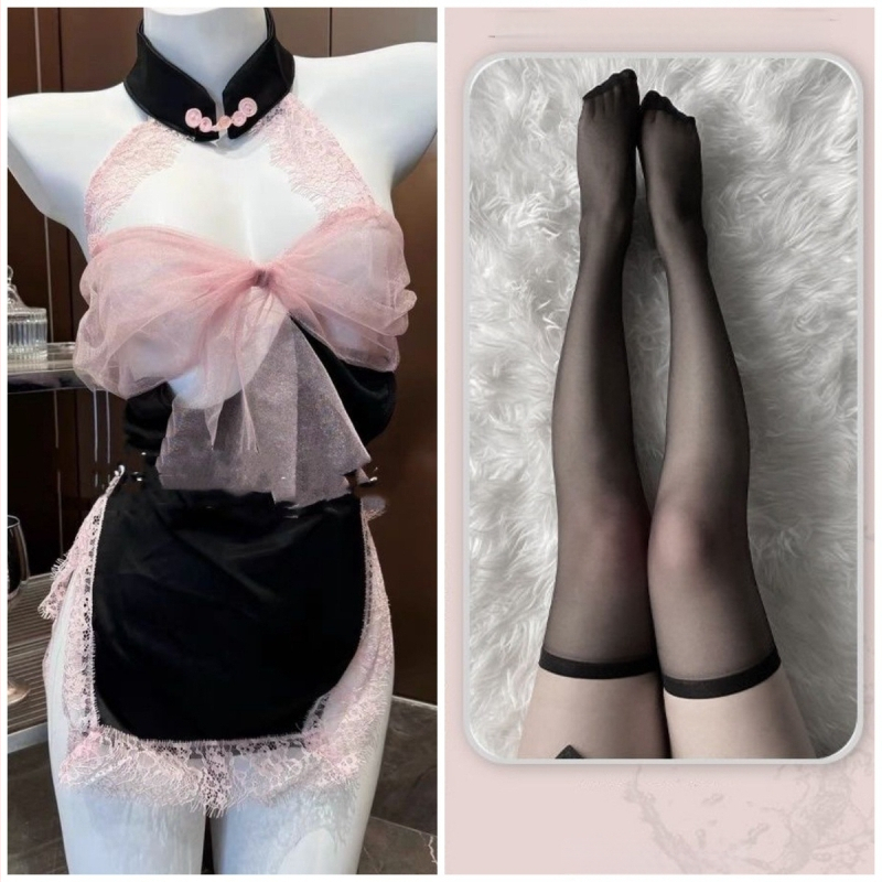 Set de pijama din dantelă pentru dormit, spate decupat cu funda, fără mâneci, mini fustă, poliester (90-95% poliester)