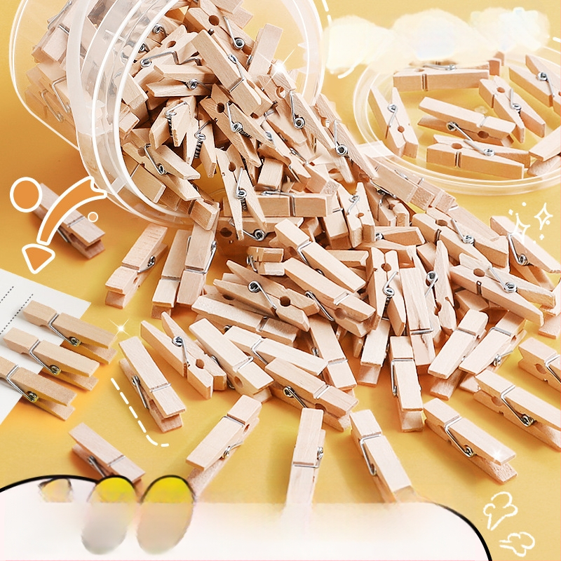 Дървени фотоклипчета, правоъгълна форма, комплект от 100 броя, с конопени етикети