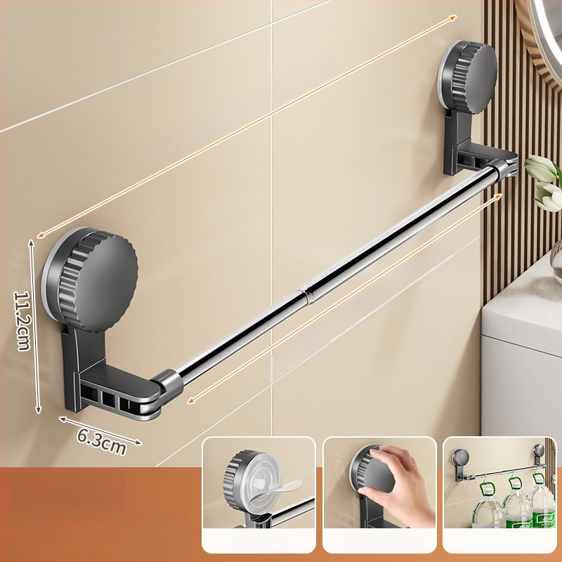 Cuier de prosoape cu ventuză pentru baie, telescopic, montaj fără găuri, materiale: plastic și oțel inoxidabil (Rupai)