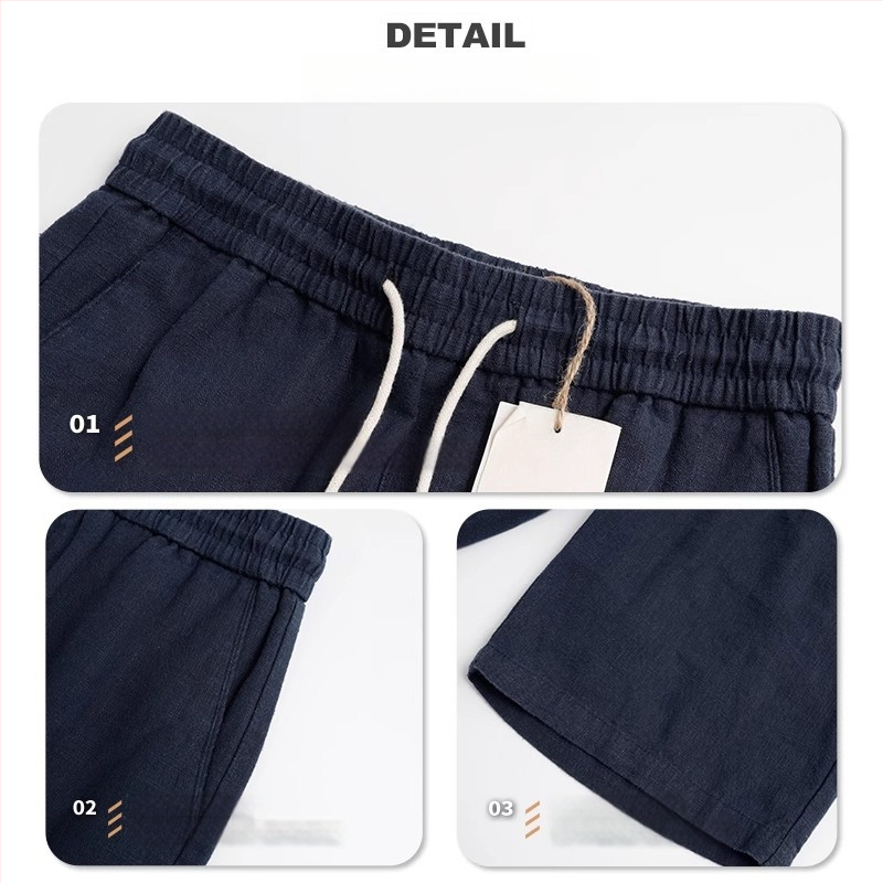 Muški šorts od lana, japanski stil, tamnoplava, opuštena silueta, prozračnost i upijanje znoja, jednobojne, ravni kroj, casual, do koljena