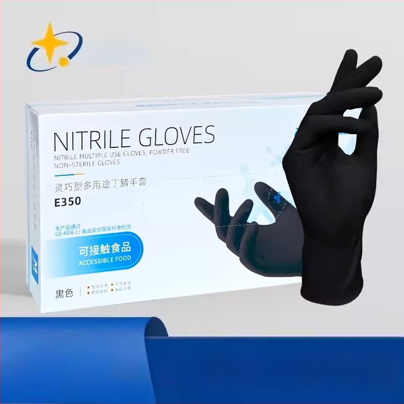 Egyszer használatos nitril kesztyűk, olajálló és csúszásmentes, élelmiszer-biztonsági tanúsítvánnyal; gourmet főzéshez, kozmetikai iparhoz, állatgondozáshoz, kertészkedéshez és gépjavításhoz.